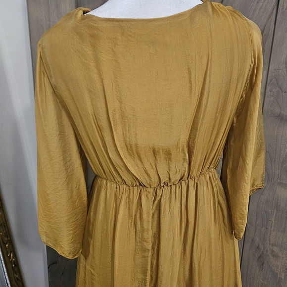 KING KONG Silk Blend Sheen Maxi Boho Flowy Sleeve Dress. Mustard. Size Medium - Picture 4 of 15